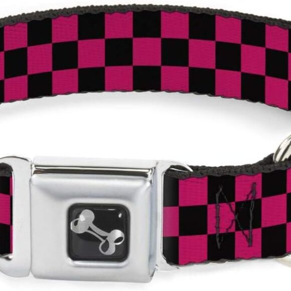 Buckle-Down Seatbelt Buckle Dog Collar - Checker Black/Neon Pink - 1.5" Wide - Picture 2 of 5